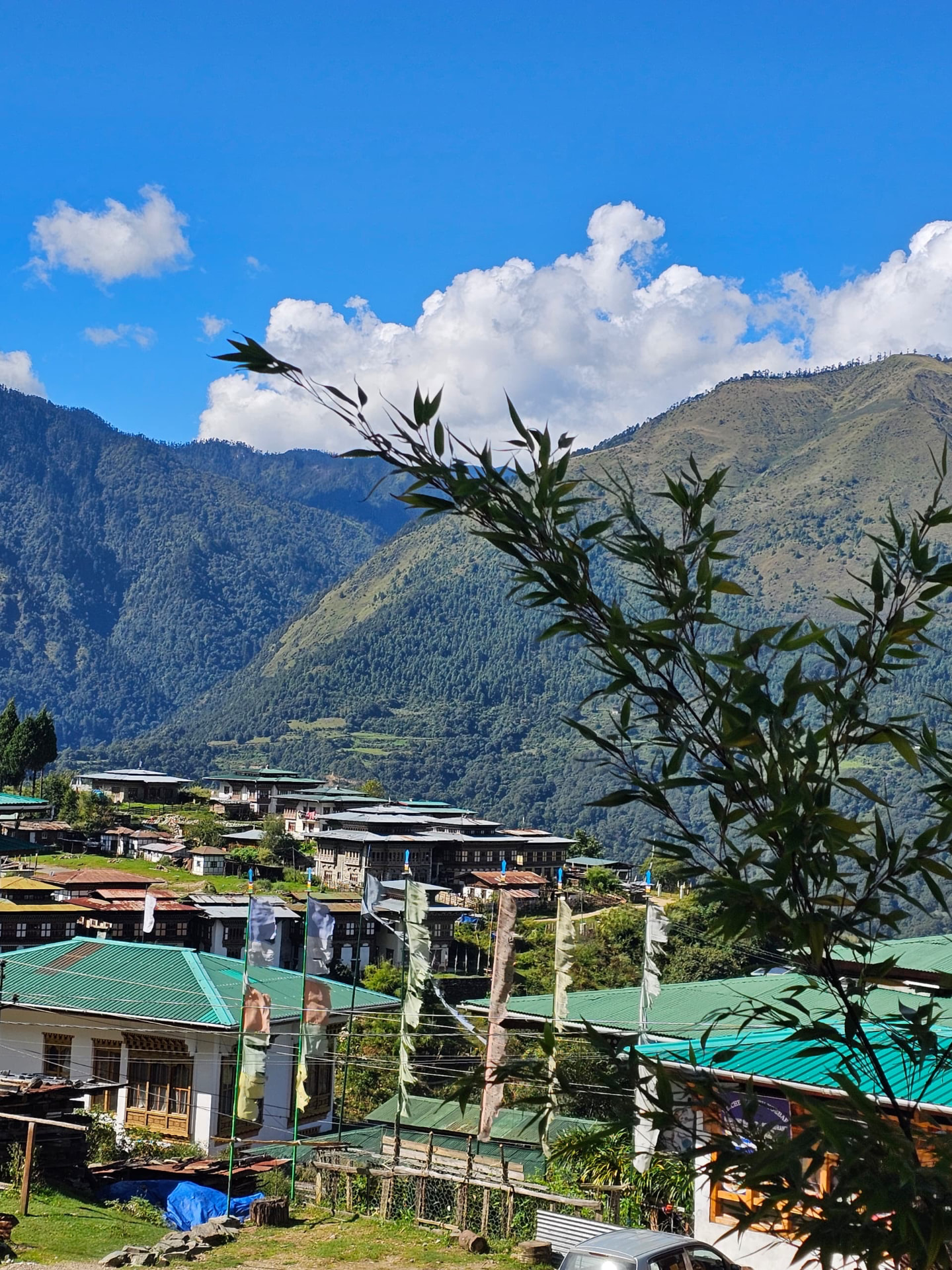 A Bhutanese mountain town and valley beneath dramatic clouds, with prayer flags in the foreground