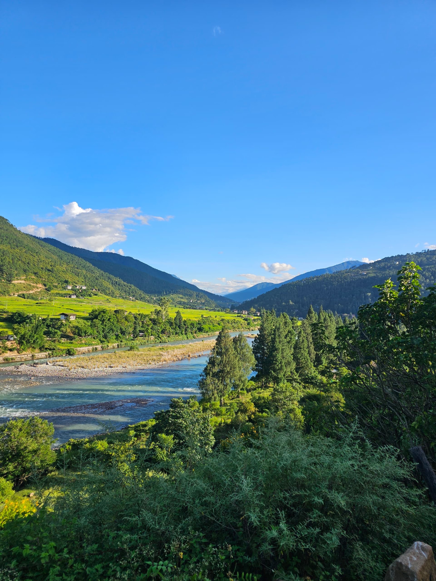 A green Bhutanese river valley in sunlight, with mountain slopes and a clear stream